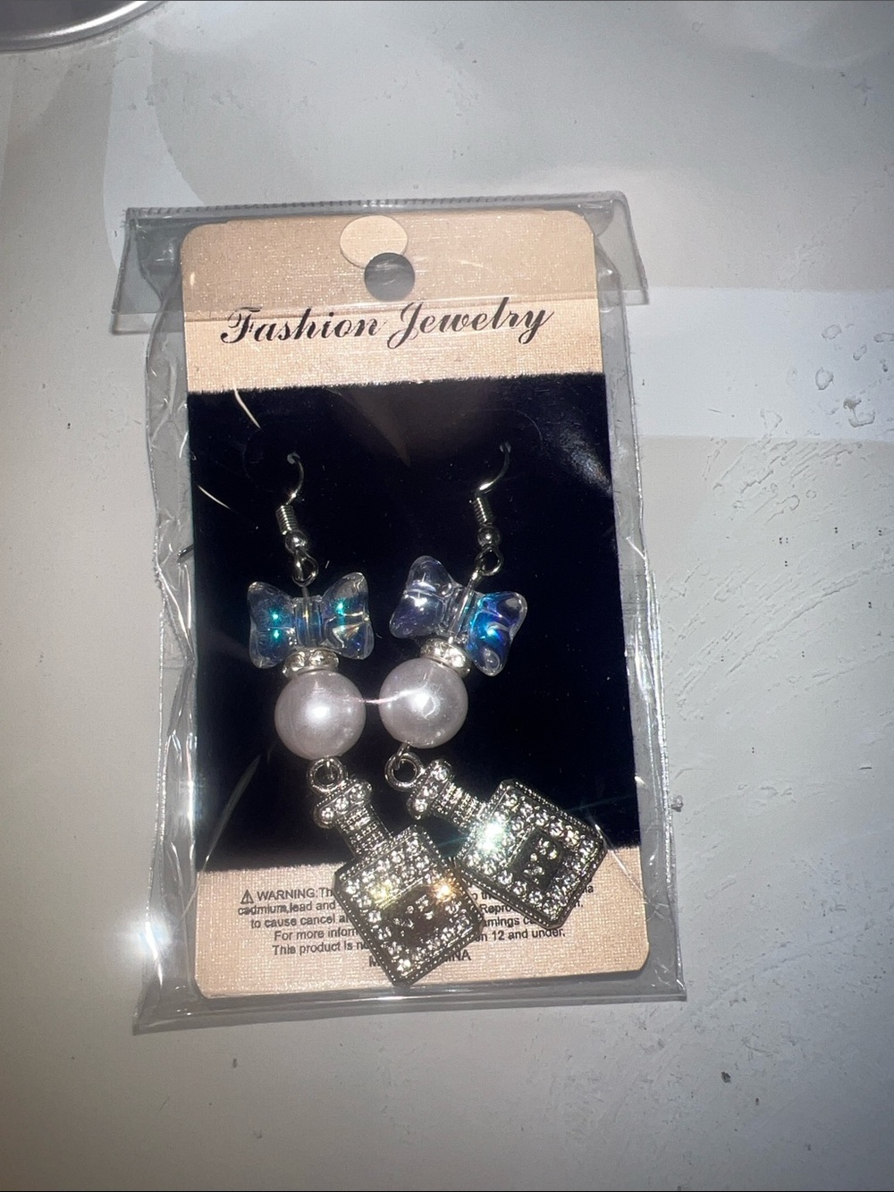 Fashion Jewelry Iridescent Blue Bow & Pearl Perfume Bottle Drop Earrings